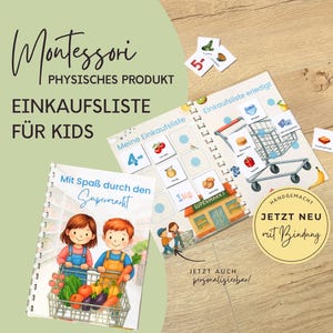 Einkaufsliste für Kinder mit Einkaufskarten im Supermarkt, Einkaufsliste personalisiert, Montessori Spielzeug Geschenkidee mit Einkaufswagen
