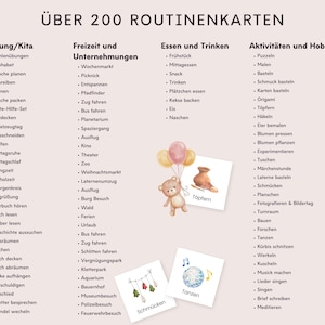 May include: A set of illustrated routine cards for children, featuring activities like playing, eating, and learning. The cards are divided into categories: Bildung/Kita, Freizeit und Unternehmungen, Essen und Trinken, and Aktivit&auml;ten und Hobbys. Each card has a colorful illustration and a list of activities.