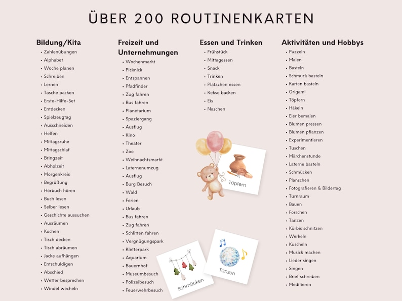 May include: A set of illustrated routine cards for children, featuring activities like playing, eating, and learning. The cards are divided into categories: Bildung/Kita, Freizeit und Unternehmungen, Essen und Trinken, and Aktivit&auml;ten und Hobbys. Each card has a colorful illustration and a list of activities.