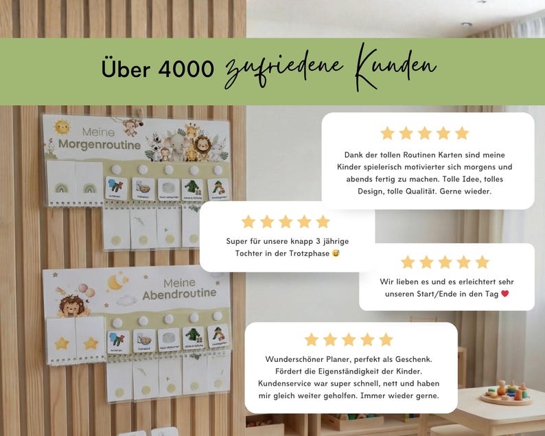 Positive Kundenbewertung für den Montessori Routineplaner für Kinder. Eltern berichten von weniger Stress und mehr Struktur im Familienalltag.