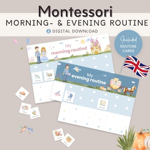 Tabla de rutinas para niños, Rutina matutina y vespertina para niños, Diseño de princesa, Tabla de rutinas imprimible con tarjetas, Planificador semanal Montessori
