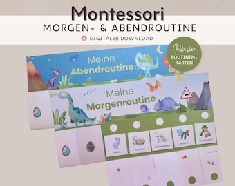 May include: Two horizontal charts titled Montessori Morgen- & Abendroutine featuring dinosaur illustrations. The top chart shows Meine Abendroutine with a blue background. The bottom chart shows Meine Morgenroutine with green accents and square cards depicting daily tasks like toilet, breakfast, brushing teeth, dressing, and kindergarten.