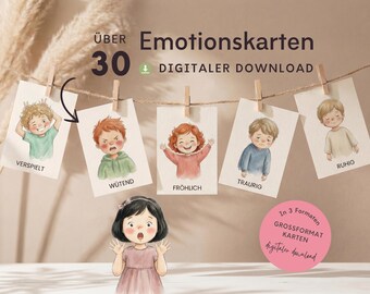 Emotion cards for children, watercolor illustrations, Montessori emotion cards, learning materials for emotions, emotional intelligence, recognizing feelings, PDF download
