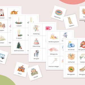 May include: A set of 9x9 cm cards with illustrations and German words for various activities and events. The cards feature images of a pumpkin, a Christmas tree, a birthday cake, a sandbox, a swing set, a bus, a kite, a tent, a suitcase, and more.