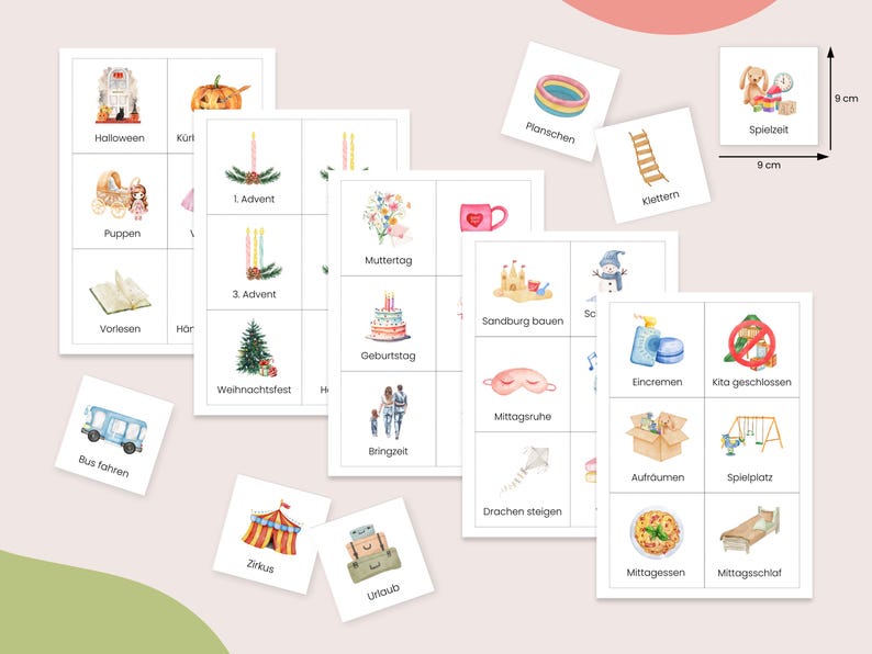 May include: A set of 9x9 cm cards with illustrations and German words for various activities and events. The cards feature images of a pumpkin, a Christmas tree, a birthday cake, a sandbox, a swing set, a bus, a kite, a tent, a suitcase, and more.