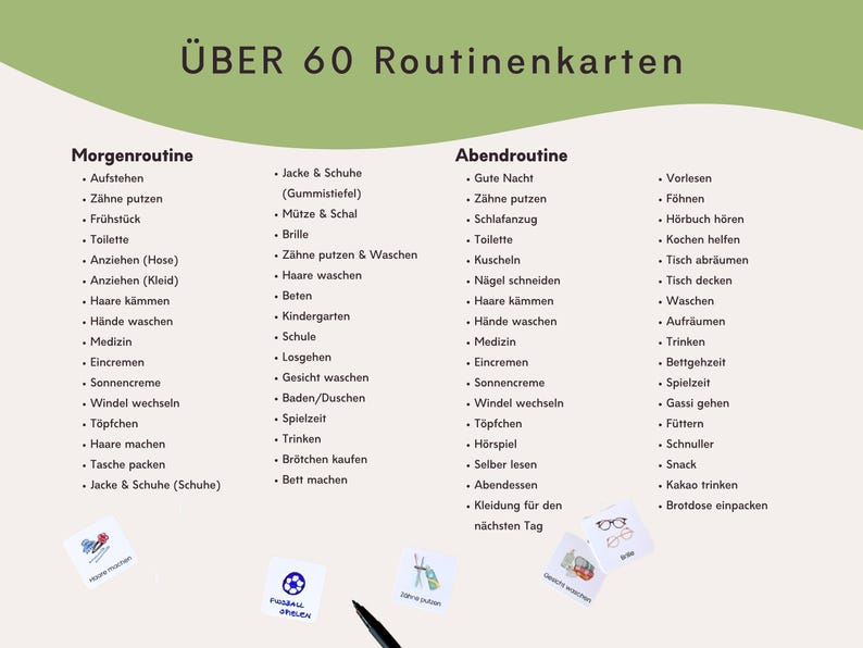 Über 60 Routinenkarten für Kinder zur Gestaltung von Morgen- und Abendroutine. Visueller Tagesablauf nach Montessori für mehr Ordnung und Selbstorganisation.