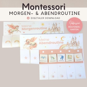Rotina matinal e noturna Montessori brinquedo para crianças unicórnio rosa, plano de rotina com cartões de rotina para imprimir, decoração de parede para quarto infantil
