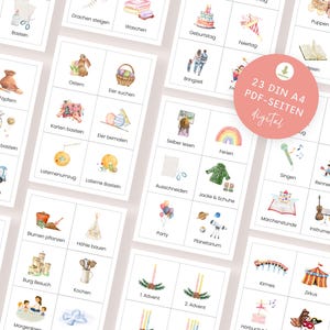 May include: A set of 23 printable bingo cards with illustrations and German words for various activities and events. The cards are designed for children and feature colorful images of activities like birthday parties, playing with dolls, and reading books.