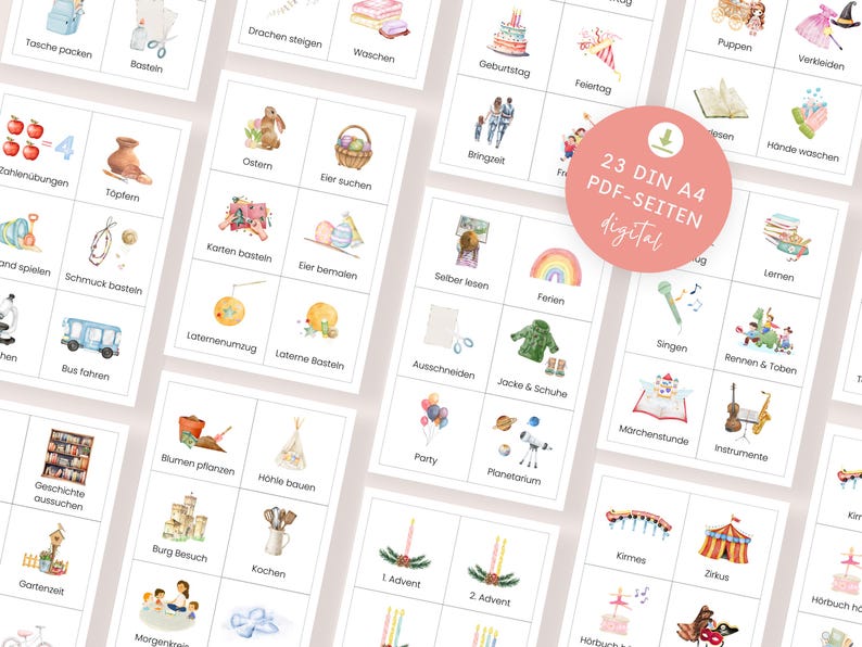 May include: A set of 23 printable bingo cards with illustrations and German words for various activities and events. The cards are designed for children and feature colorful images of activities like birthday parties, playing with dolls, and reading books.
