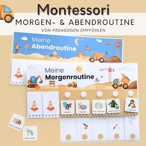 Könnte beinhalten: Ein Montessori-Set für Morgen- und Abendroutinen mit Baustellen-Illustrationen. Die Tafeln tragen die Aufschriften Meine Morgenroutine und Meine Abendroutine und sind mit weißen runden Knöpfen sowie kleinen quadratischen Kärtchen für tägliche Aufgaben versehen.