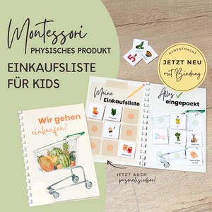 Einkaufsliste für Kinder mit Einkaufskarten personalisiert mit Name, Montessori Spielzeug Geschenkidee Kind, Einkaufswagen mit Einkaufsliste