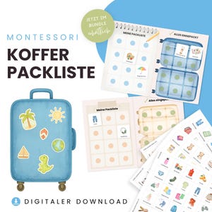 Könnte beinhalten: Ein digitaler Montessori-Koffer-Packlisten-Download mit einer blauen Koffer-Illustration, Stickern, zwei spiralgebundenen Checklisten-Seiten mit Symbolen sowie einem Bogen mit kleinen, ausdruckbaren Etiketten für Reisegegenstände.