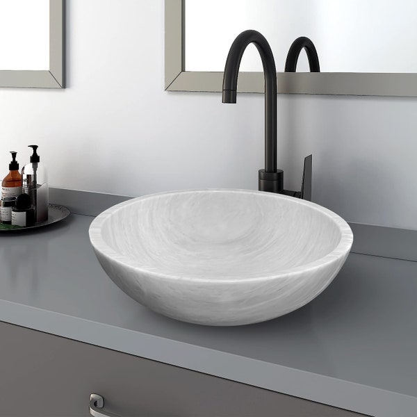 Modern Marble Vessel Sink  - Round - Above Counter Bathroom Sink - 100 % Real Marble - Hand Carved - GRAY