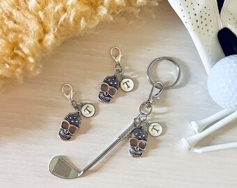 Personalized Golf Keychain and Bag Charm / Skull, Custom Letter Charm and Golf Club, Handmade in Canada, Custom Golf Gift Ideas