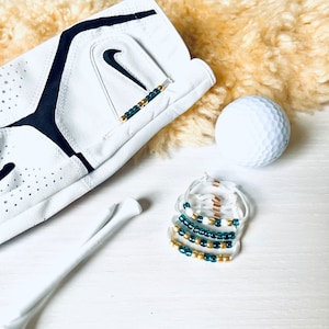 Golf Glove Stroke Counters / Singles: Turquoise, White & Gold Series / Discreet Golf Stroke Counter / 10 Beads, Nylon Cord and Elastic