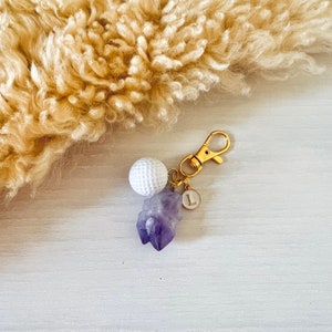 Personalized Golf Keychain and Bag Charm / Raw Amethyst Stone, Custom Letter Charm and Golf Ball, Handmade in Canada, Ladies Golf Gift Ideas image 3