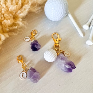 Personalized Golf Keychain and Bag Charm / Raw Amethyst Stone, Custom Letter Charm and Golf Ball, Handmade in Canada, Ladies Golf Gift Ideas image 6