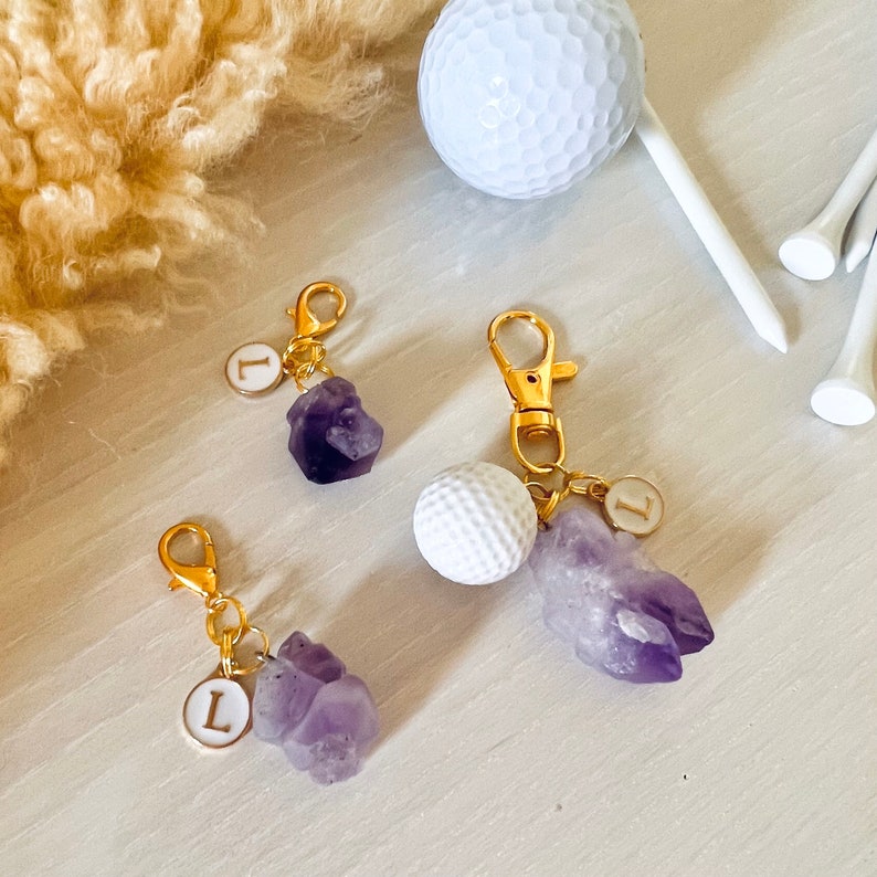 Personalized Golf Keychain and Bag Charm / Raw Amethyst Stone, Custom Letter Charm and Golf Ball, Handmade in Canada, Ladies Golf Gift Ideas image 6