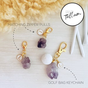 Personalized Golf Keychain and Bag Charm / Raw Amethyst Stone, Custom Letter Charm and Golf Ball, Handmade in Canada, Ladies Golf Gift Ideas image 2