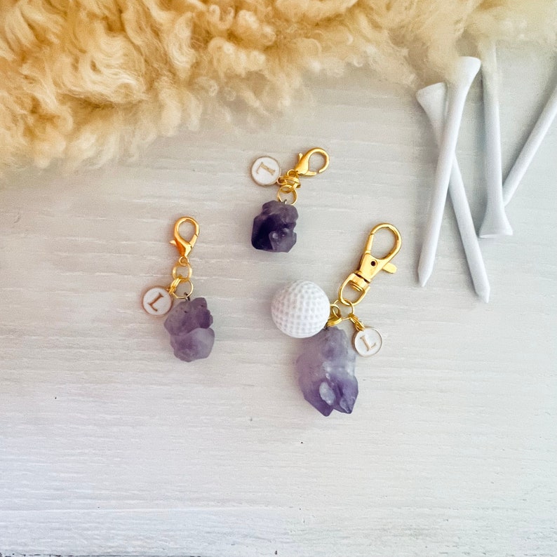 Personalized Golf Keychain and Bag Charm / Raw Amethyst Stone, Custom Letter Charm and Golf Ball, Handmade in Canada, Ladies Golf Gift Ideas image 1