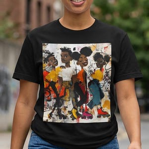 Abstract graffiti-style cartoon illustration of Black roller skaters dancing and skating at a roller rink, featuring vibrant colors, urban street art influences, and Afrocentric cultural themes on a unisex graphic tee shirt.