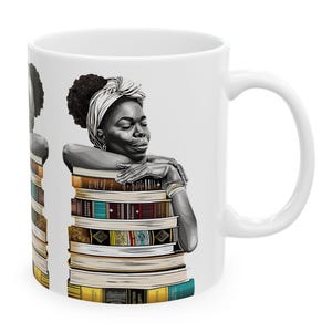 Black Woman Book Lover Mug - Afrocentric Education Coffee Cup, Knowledge Is Power Mug