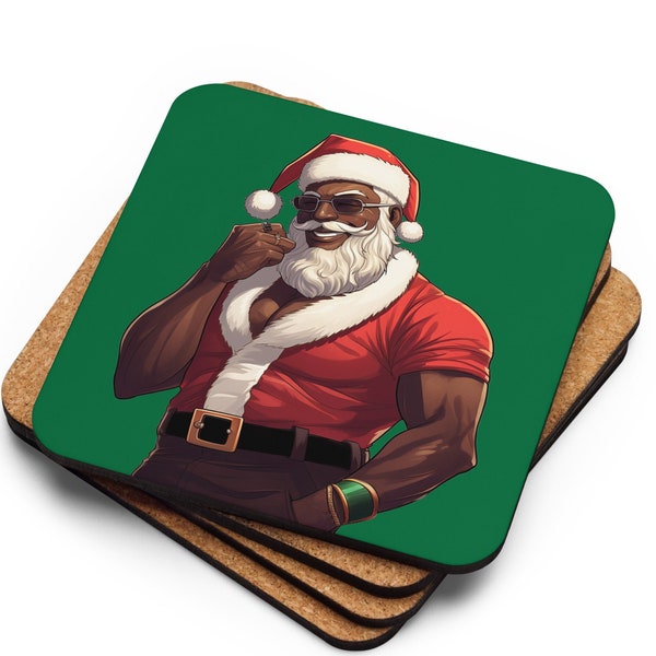 Black Santa Claus Corkback Coaster Christmas Coasters Secret Santa Gift for Coworkers Hostess Gift Square Beverage Coasters Set of 4