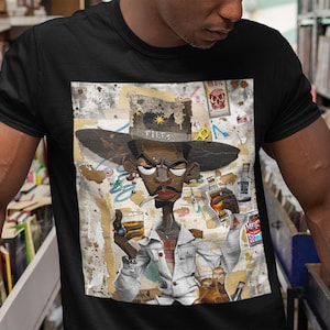 Black Cowboy Tee Cartoon Character Smoking Cigarette Drinking Whiskey Graffiti Collage Edgy Pop Art African American Culture - Style 08