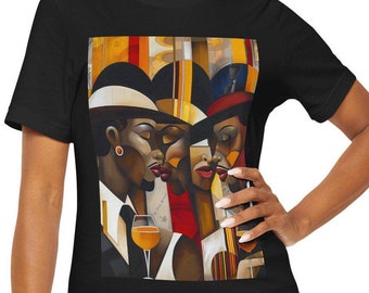 May include: Black t-shirt featuring a vibrant art print. The artwork depicts three figures in hats, with a glass of wine in the foreground. The figures are in a close embrace, with a warm color palette.