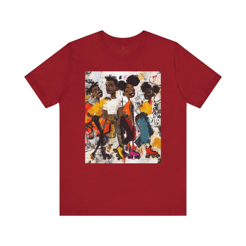 Abstract graffiti-style cartoon illustration of Black roller skaters dancing and skating at a roller rink, featuring vibrant colors, urban street art influences, and Afrocentric cultural themes on a unisex graphic tee shirt.