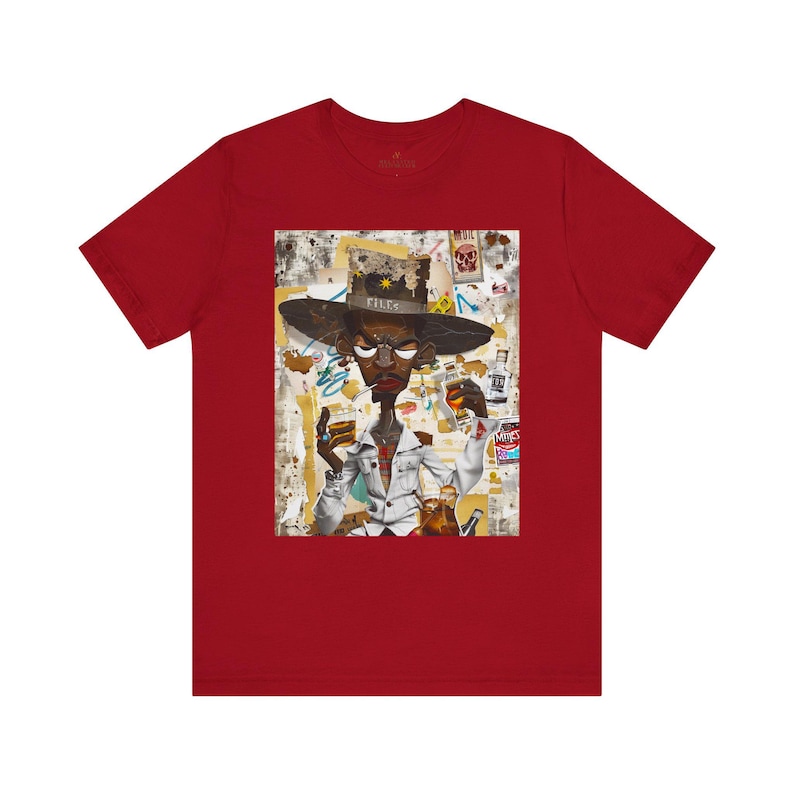 Black Cowboy Tee featuring a cartoon-style African American cowboy smoking a cigarette and drinking whiskey. A bold, graffiti collage pop art design with an edgy Western and Afrocentric cultural vibe.