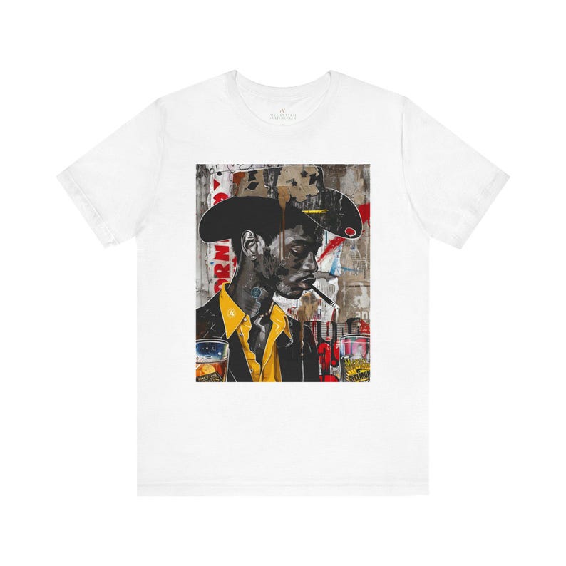 Western Rugged Black Cowboy Tee featuring an edgy African American man with a cigar and whiskey. A bold Afrocentric culture shirt with pop art, graffiti, and collage-inspired design.