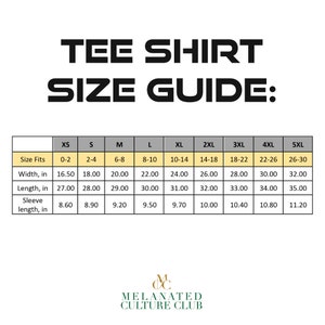 May include: A size chart for a tee shirt, showing measurements in inches for width, length, and sleeve length. The chart includes sizes XS through 5XL, with corresponding size fits for each size.