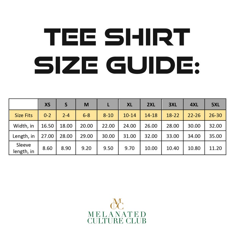 May include: A size chart for a tee shirt, showing measurements in inches for width, length, and sleeve length. The chart includes sizes XS through 5XL, with corresponding size fits for each size.