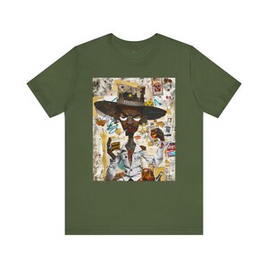 Black Cowboy Tee featuring a cartoon-style African American cowboy smoking a cigarette and drinking whiskey. A bold, graffiti collage pop art design with an edgy Western and Afrocentric cultural vibe.