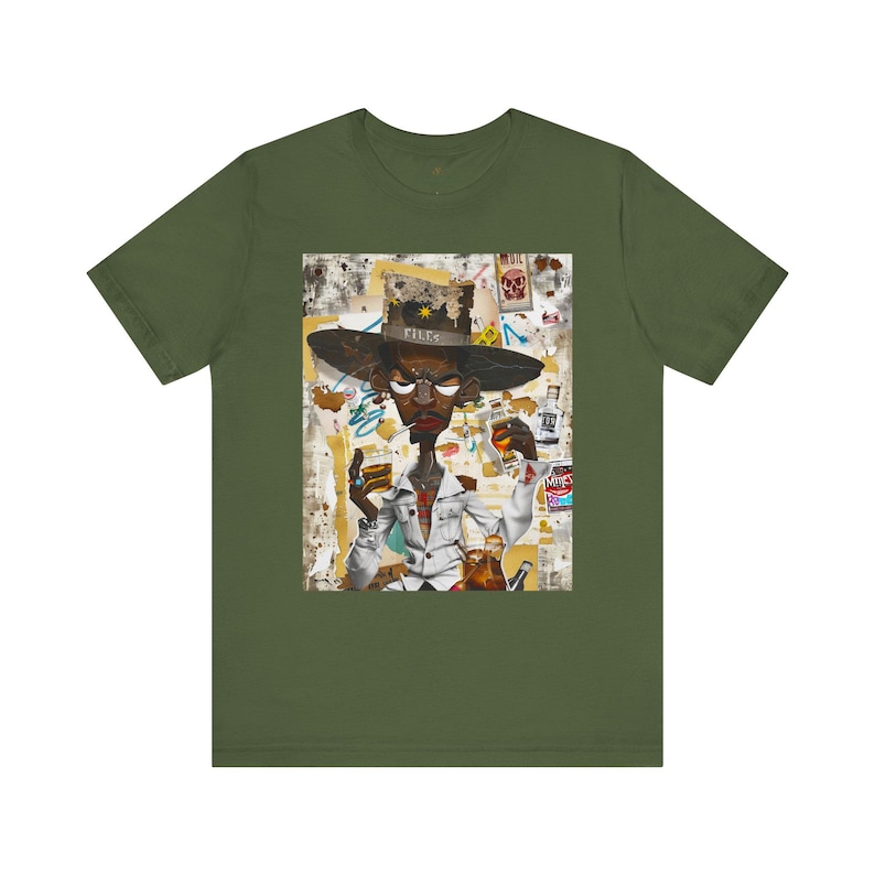Black Cowboy Tee featuring a cartoon-style African American cowboy smoking a cigarette and drinking whiskey. A bold, graffiti collage pop art design with an edgy Western and Afrocentric cultural vibe.