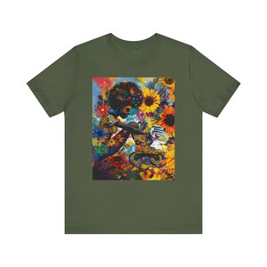 Black Woman Roller Skater Tee featuring a retro-style design with a big Afro, skating through a field of psychedelic colorful wildflowers. A bold Afrocentric tee perfect for roller derby teams and vintage fashion lovers.