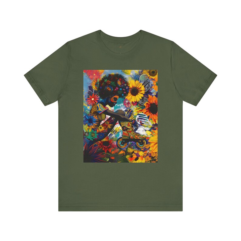 Black Woman Roller Skater Tee featuring a retro-style design with a big Afro, skating through a field of psychedelic colorful wildflowers. A bold Afrocentric tee perfect for roller derby teams and vintage fashion lovers.