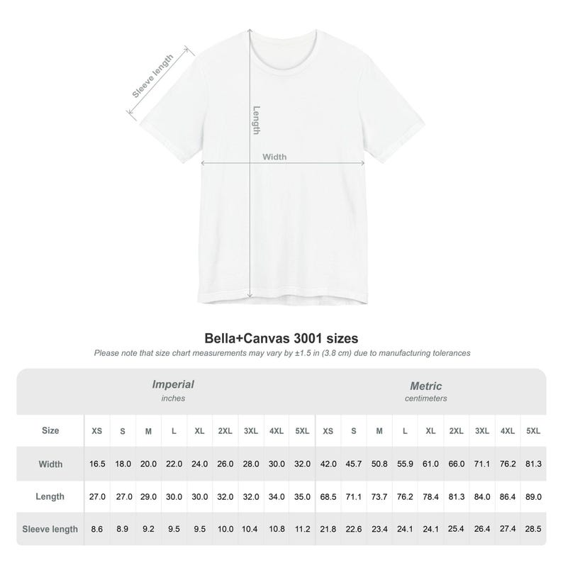 Bella + Canvas 3001 Sizes for Unisex Tee Shirt