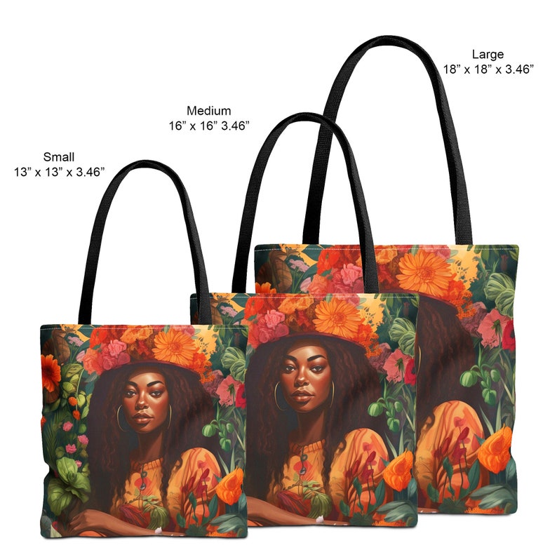 Black Girl in the Garden Tote Bag featuring an Afrocentric lady surrounded by vibrant wildflowers. A stylish and durable tote perfect for garden lovers, plant enthusiasts, and everyday essentials.