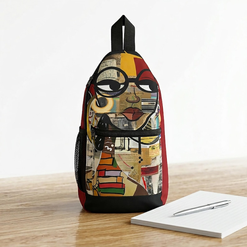 Latisha crossbody sling bag featuring an abstract cartoon-style Black woman with oversized round black eyeglasses in a vibrant Afrocentric graffiti art design, displayed on a white oak table with pad of paper and silver pen.