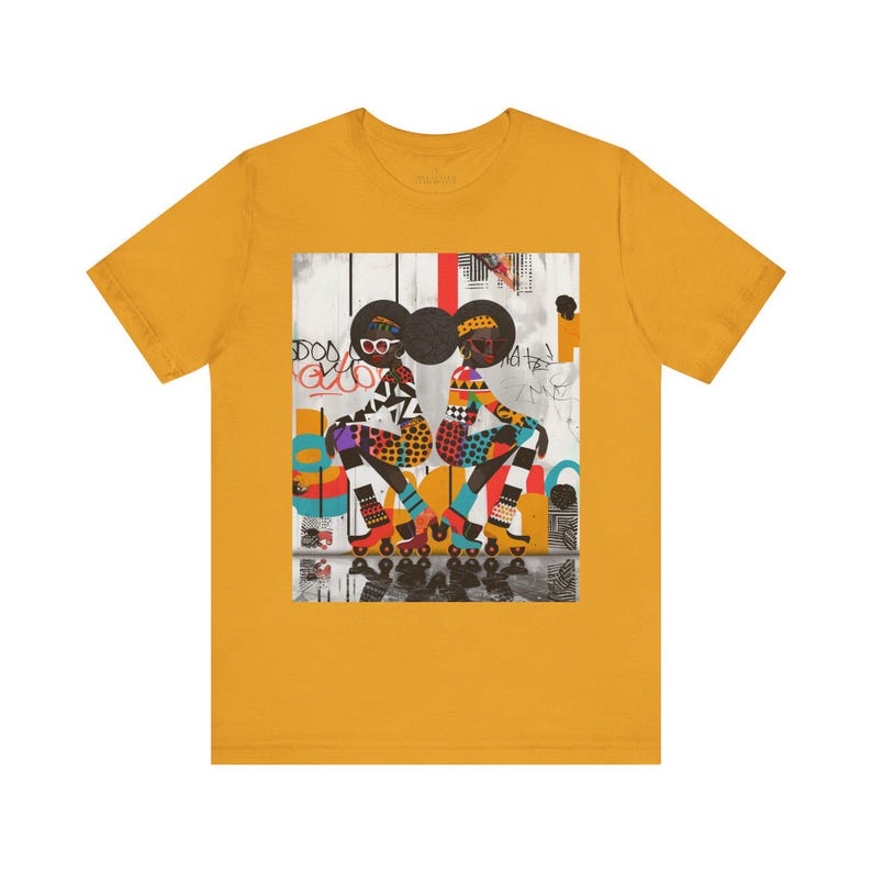 Black Girl Roller Skaters Tee Shirt featuring abstract graffiti pop art of African American women roller skating in bold, bright colors; Afrocentric fly girls streetwear.
