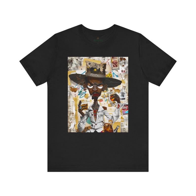 Black Cowboy Tee featuring a cartoon-style African American cowboy smoking a cigarette and drinking whiskey. A bold, graffiti collage pop art design with an edgy Western and Afrocentric cultural vibe.