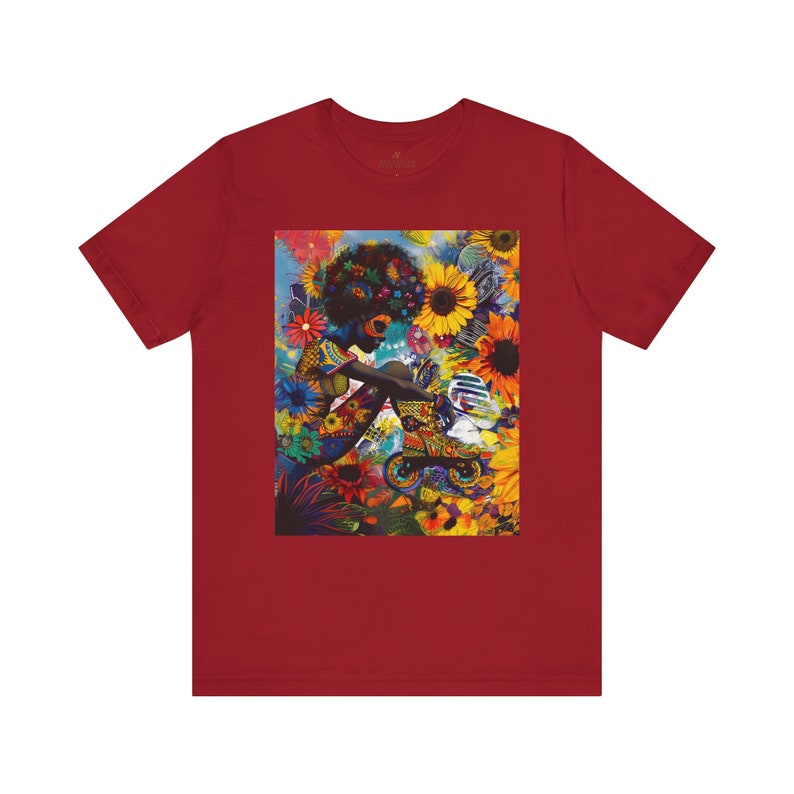 Black Woman Roller Skater Tee featuring a retro-style design with a big Afro, skating through a field of psychedelic colorful wildflowers. A bold Afrocentric tee perfect for roller derby teams and vintage fashion lovers.
