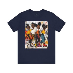 Abstract graffiti-style cartoon illustration of Black roller skaters dancing and skating at a roller rink, featuring vibrant colors, urban street art influences, and Afrocentric cultural themes on a unisex graphic tee shirt.