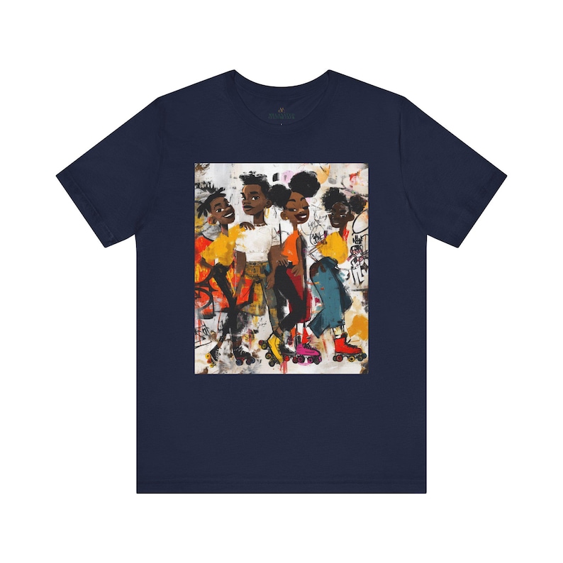 Abstract graffiti-style cartoon illustration of Black roller skaters dancing and skating at a roller rink, featuring vibrant colors, urban street art influences, and Afrocentric cultural themes on a unisex graphic tee shirt.