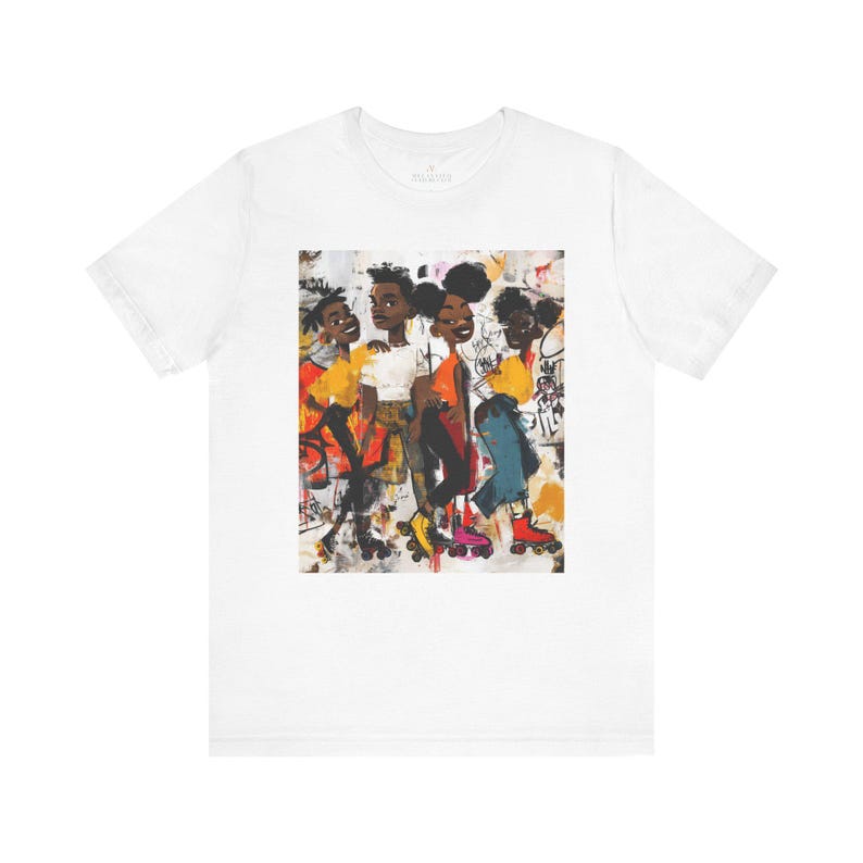 Abstract graffiti-style cartoon illustration of Black roller skaters dancing and skating at a roller rink, featuring vibrant colors, urban street art influences, and Afrocentric cultural themes on a unisex graphic tee shirt.