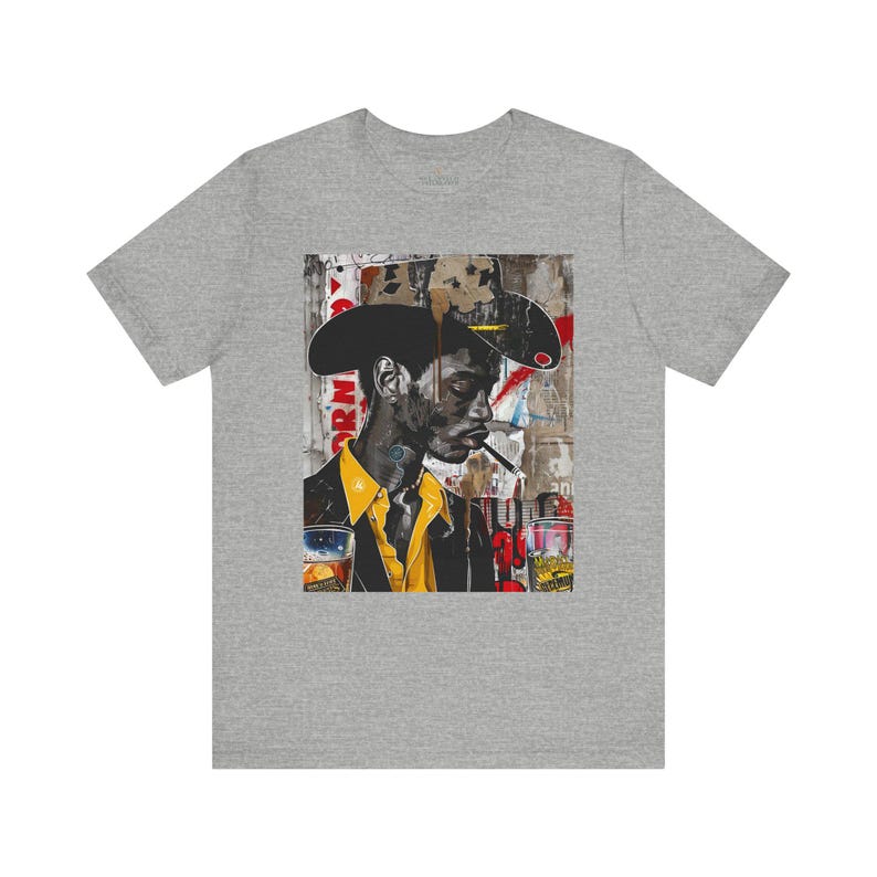 Western Rugged Black Cowboy Tee featuring an edgy African American man with a cigar and whiskey. A bold Afrocentric culture shirt with pop art, graffiti, and collage-inspired design.