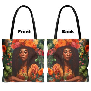 Black Girl in the Garden Tote Bag featuring an Afrocentric lady surrounded by vibrant wildflowers. A stylish and durable tote perfect for garden lovers, plant enthusiasts, and everyday essentials.