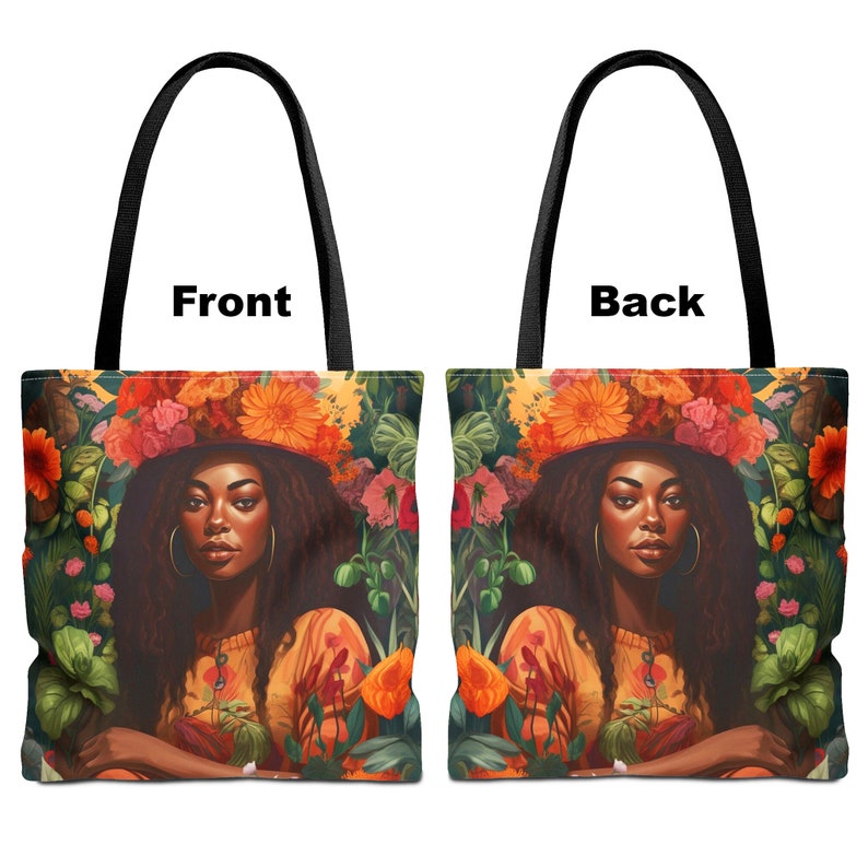 Black Girl in the Garden Tote Bag featuring an Afrocentric lady surrounded by vibrant wildflowers. A stylish and durable tote perfect for garden lovers, plant enthusiasts, and everyday essentials.